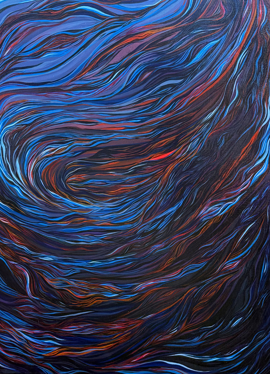 Abstract acrylic painting with swirling lines of red and blue